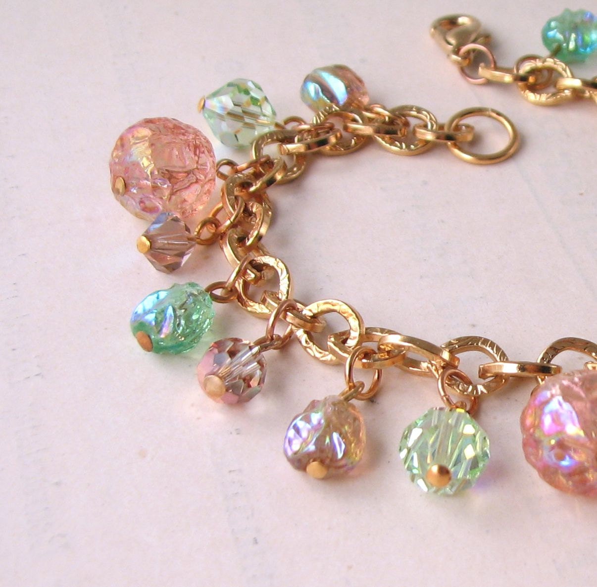 Peach Tea shabby charm bracelet with vintage glass beads