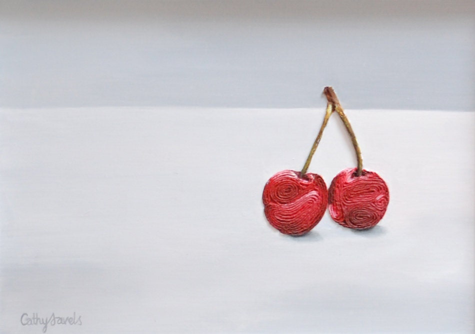 Red Cherries Painting - Mixed Media Original - Constructed in String