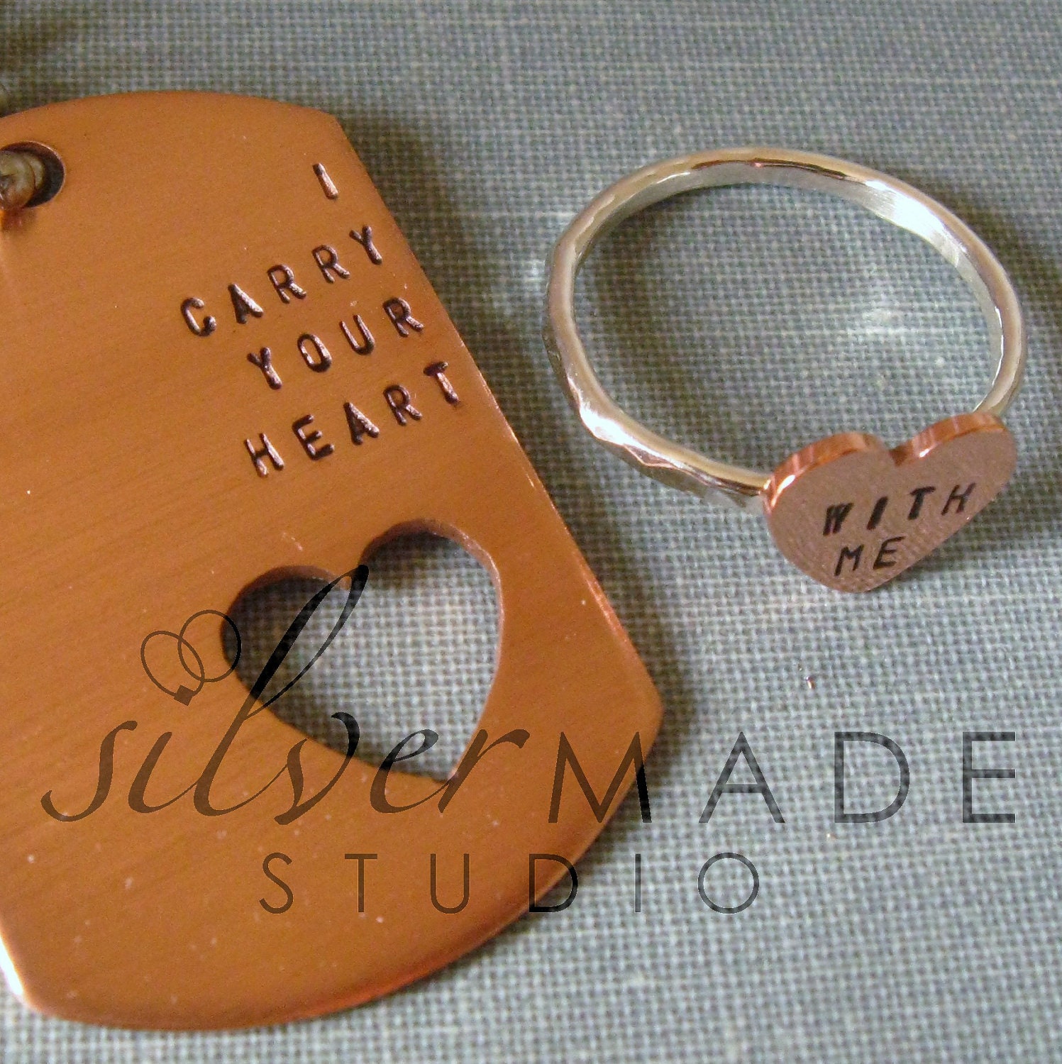 intertwine. COPPER dog tag  and sterling silver HEART ring