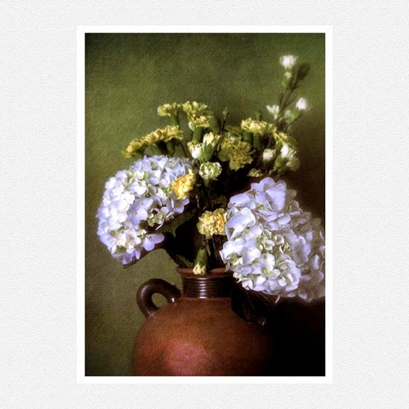 Home decor photography, green, rust, pale blue hydrangeas, yellow, French Country, fine art print 8x12 - moonlightphotography