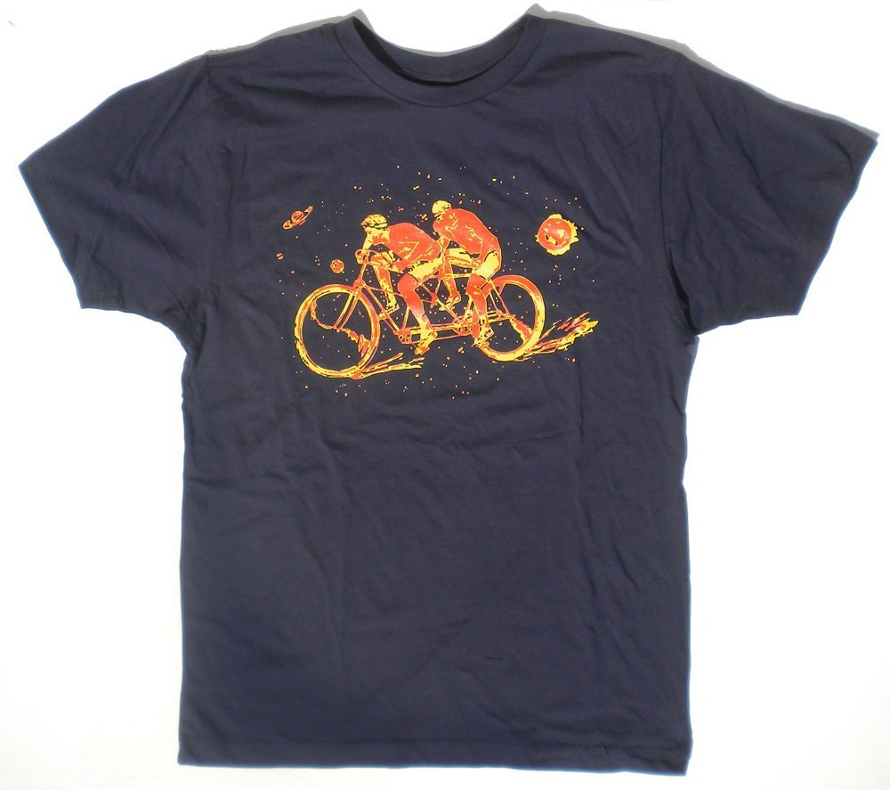 Mens Navy Blue Bike Tee Shirt, The Space Racers Tandem Bicycle - S