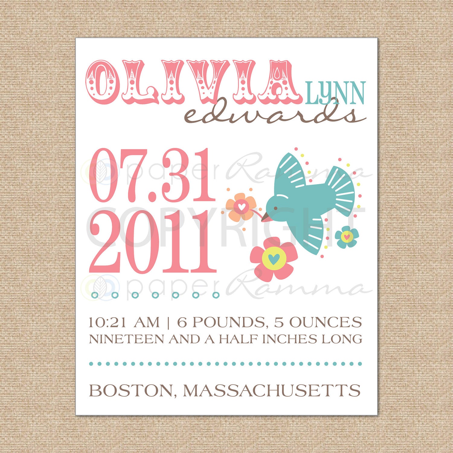 Personalized Birth Announcement Art Print, Style: Birdie and Blooms - 8 x 10