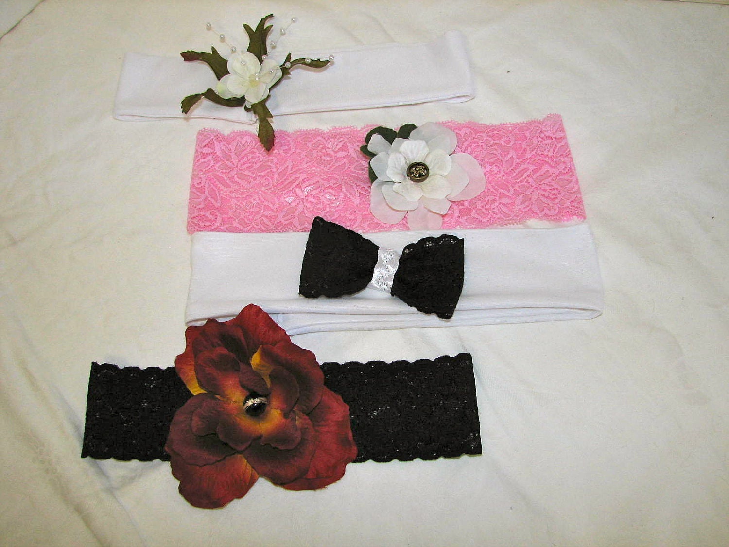 Stretch Headband Simple White with Black Lace and Satin bow
