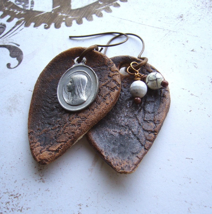 OOAK art earrings with vintage  religious medal  and ceramic
