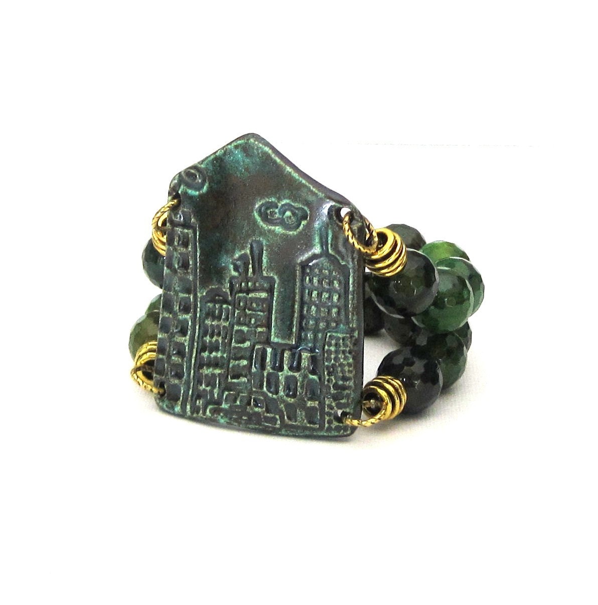 City Skyline Double Strand Stretch Stack Bracelet with agate beads green and black
