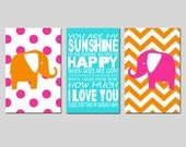 Nursery Art Trio - Set of Three 13x19 Prints - Polka Dot Elephant, You Are My Sunshine, Chevron Elephant - Choose Your Colors