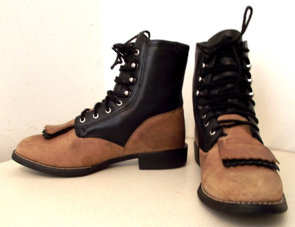 Broken In Lace up cowboy boots with fringe -- black and brown