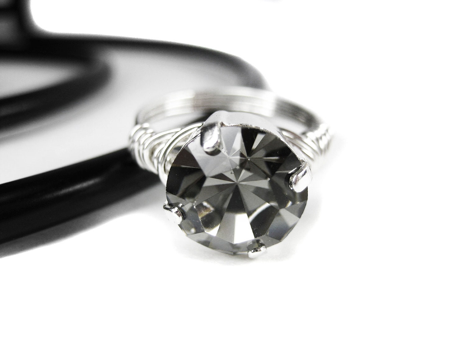 Gray Sterling Silver Ring. Round Wire Wrapped Ring. Black Diamond Swarovski Crystal Ring