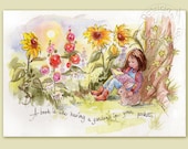 Art for Children - Sunflowers Rabbit  Girl Sunshine - Original Watercolor Painting - Plus Custom Matting