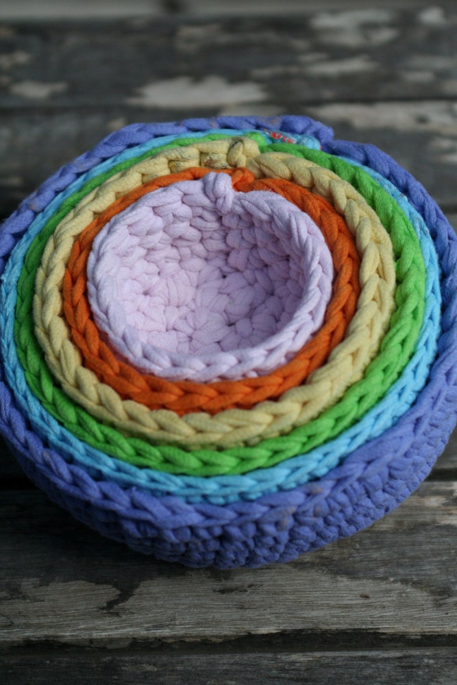 roygbiv in pastel nesting bowls, made from crocheted up-cycled t-shirts by yourmomdesigns(rts).