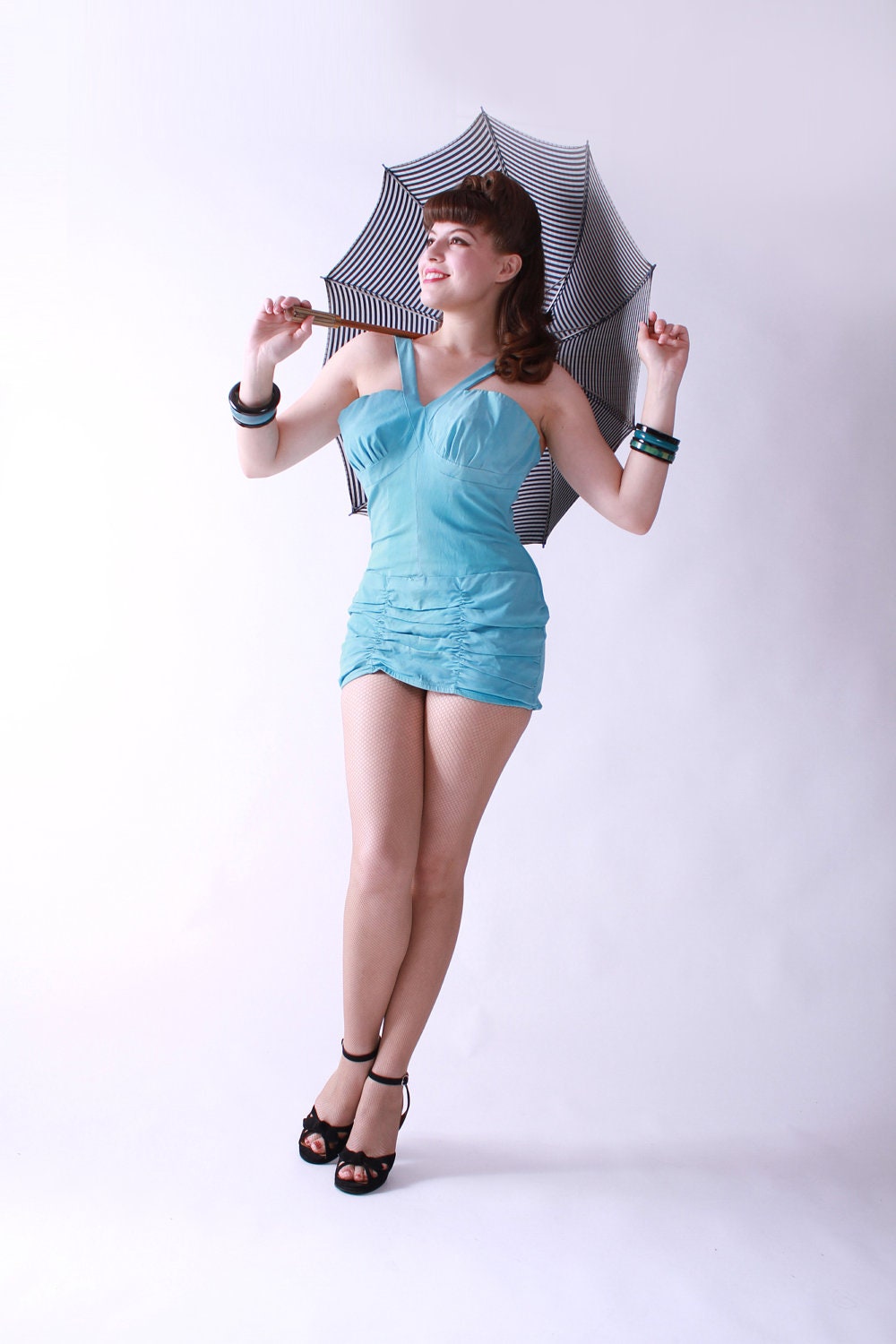 RESERVED ON LAYAWAY Vintage 1950s Swimsuit // Rose Marie Reid Turquoise Blue Draped Sheath with Boning