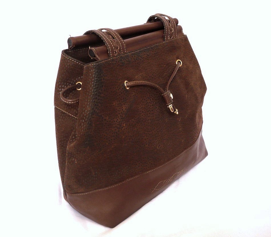 TEXIER French Vintage Dark Brown Draw string Tote / Shoulder Bag