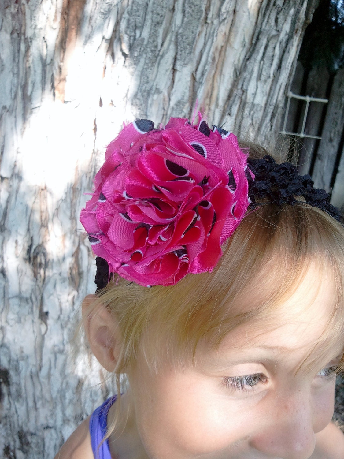Hot Pink, White and Black Polka Dot Satin Fabric Hair Flower Clip