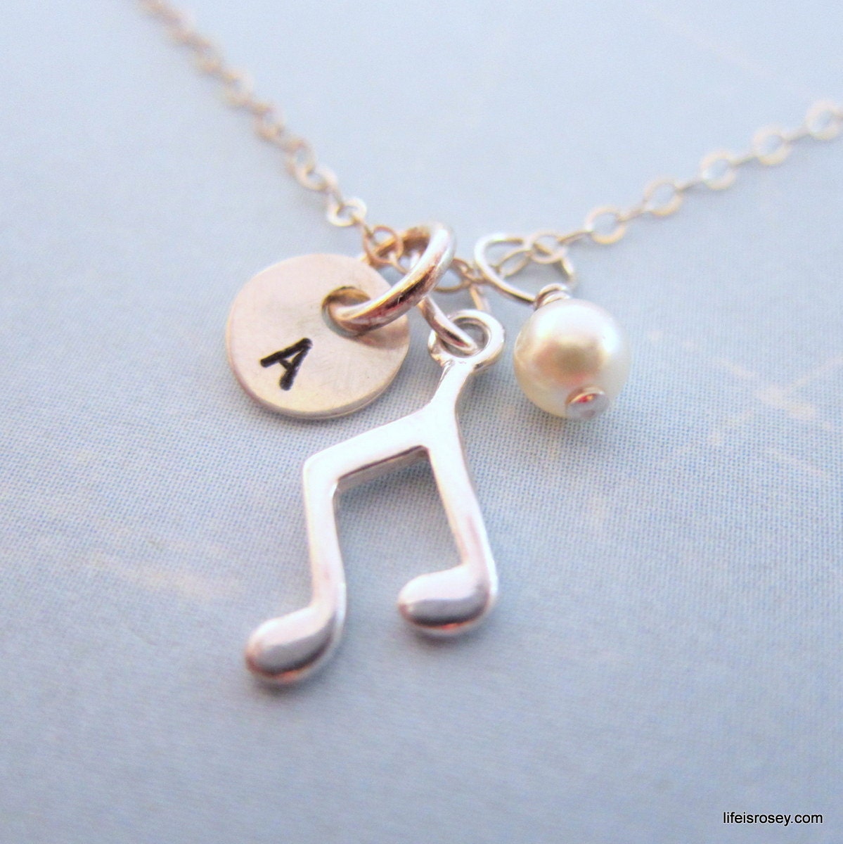 Sterling Silver Musical  Note Necklace - Music Jewelry - Music Gifts -  Musical Note Charm with Handstamped Monogram - Charm Chain