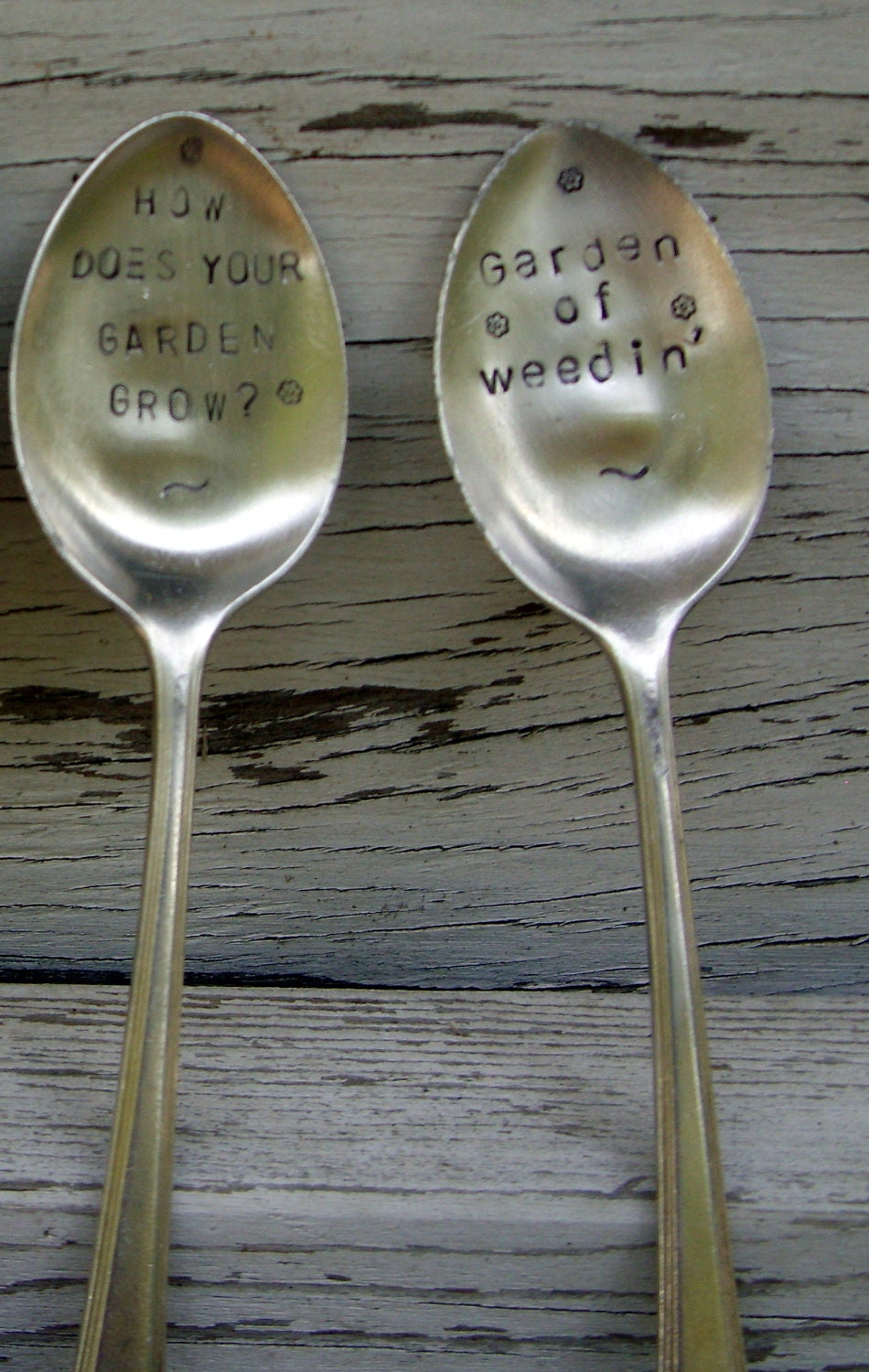 Vintage teaspoon garden marker "garden of weedin" hand stamped ready-to-ship gift