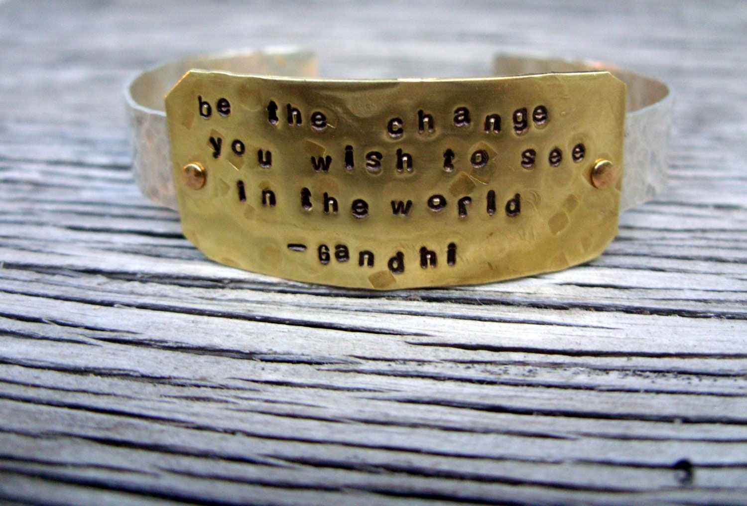 Hand stamped cuff bracelet 3/8 inch sterling silver with riveted brass ID plate Be the change