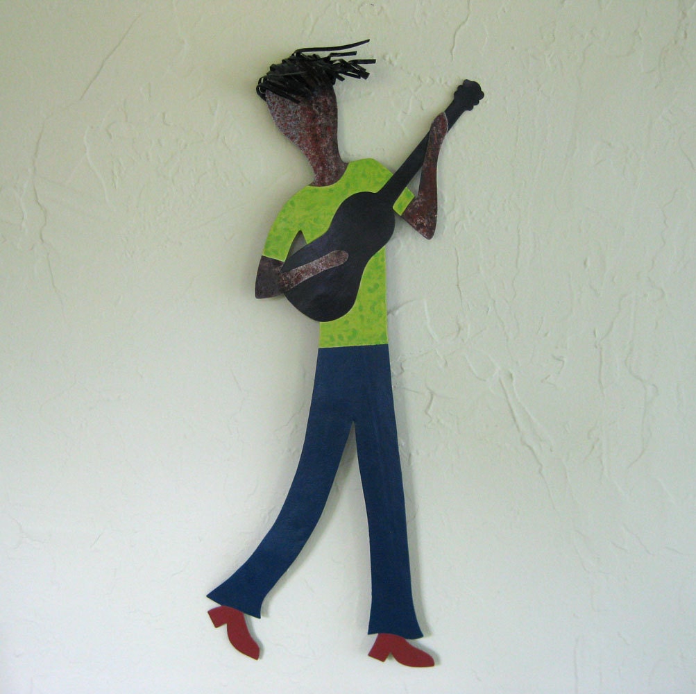 Musician art - Guitar Guy - Metal wall sculpture -  repurposed metal   9 x 21