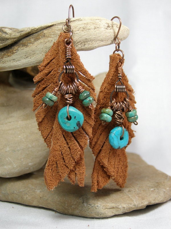 Turquoise Earrings - Feather Earrings - Leather Earrings - Native Earrings - Tribal Jewelry - Suede