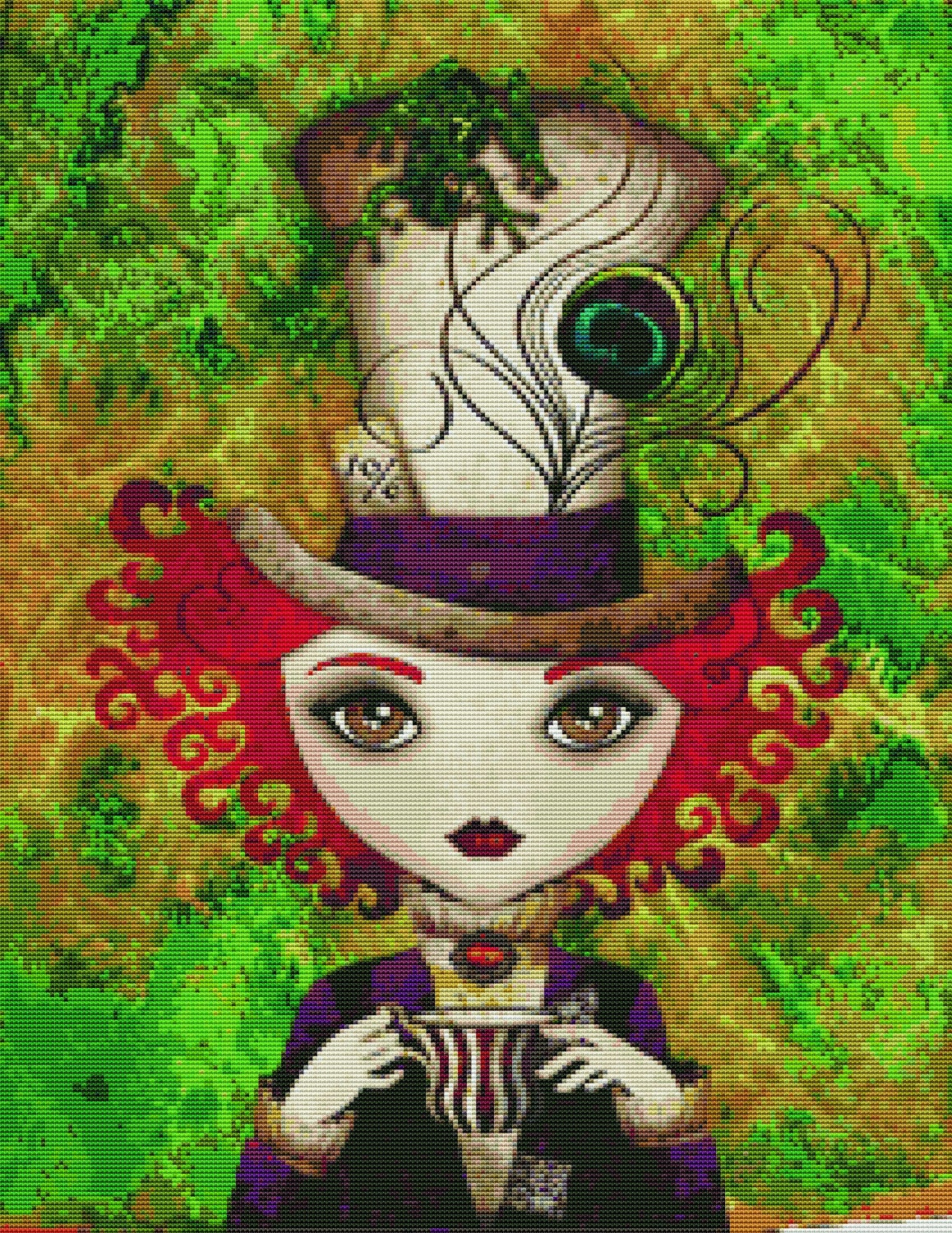 Cross stitch modern art PDF pattern by Sandra Vargas ' Lady Hatter' - Alice in Wonderland