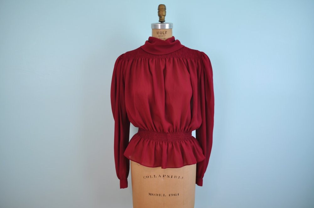vintage sheer top long sleeve maroon L