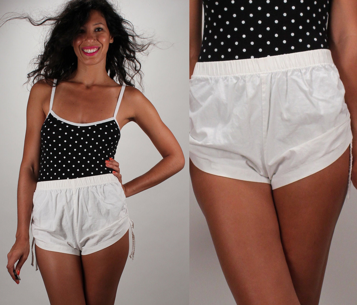 Vintage High Waist Ruched White Shorts / Side Tie