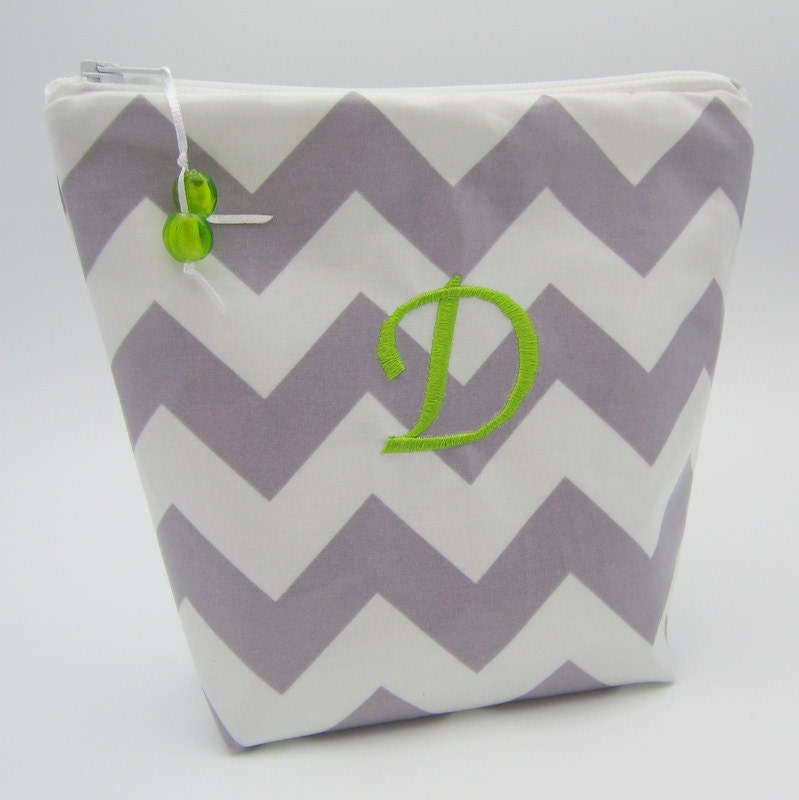 Large Makeup Bag - Cosmetic Bag - Monogrammed and Wipeable - Gray Chevron Zig Zag with Apple Green Accents - 1 letter monogram