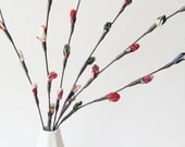 Fabric Berry Bud Branches - Coral Pink Green Navy Purple Blue Floral Stems (set of 6)
