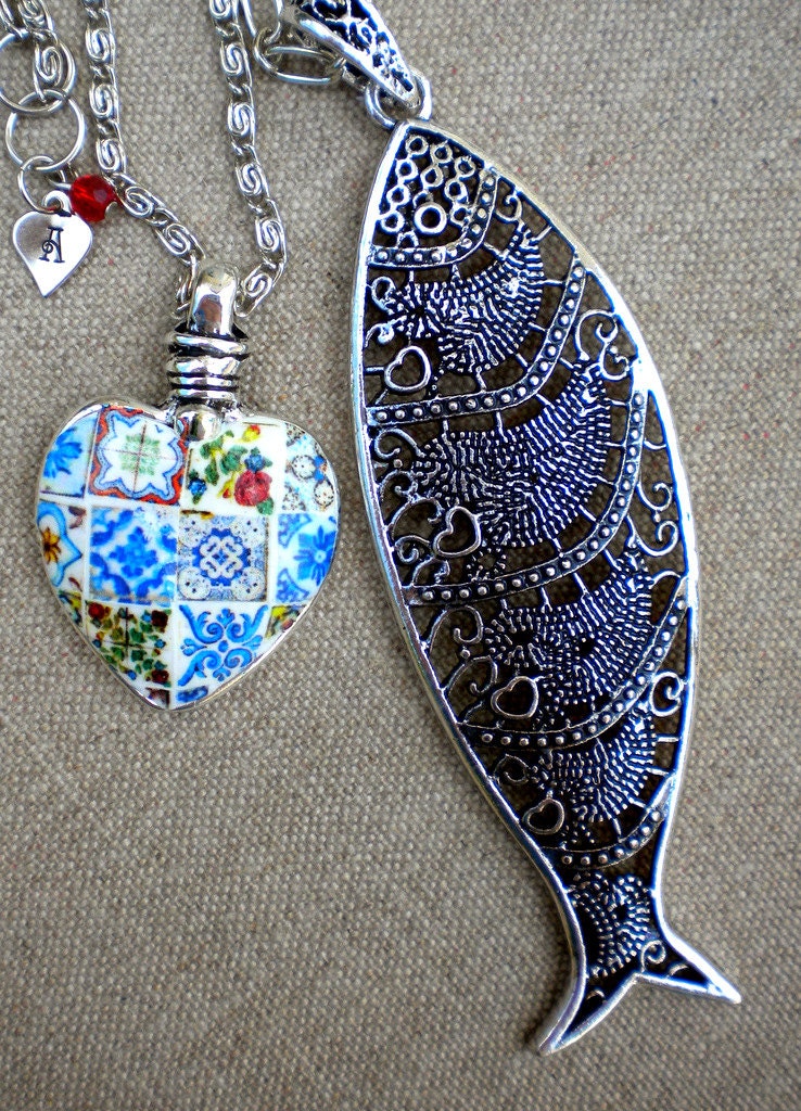 Portugal Antique Azulejo Tile Replica Heart Pendant with Filigree SARDINE Necklace-  Collage OOAK - 2-in-one