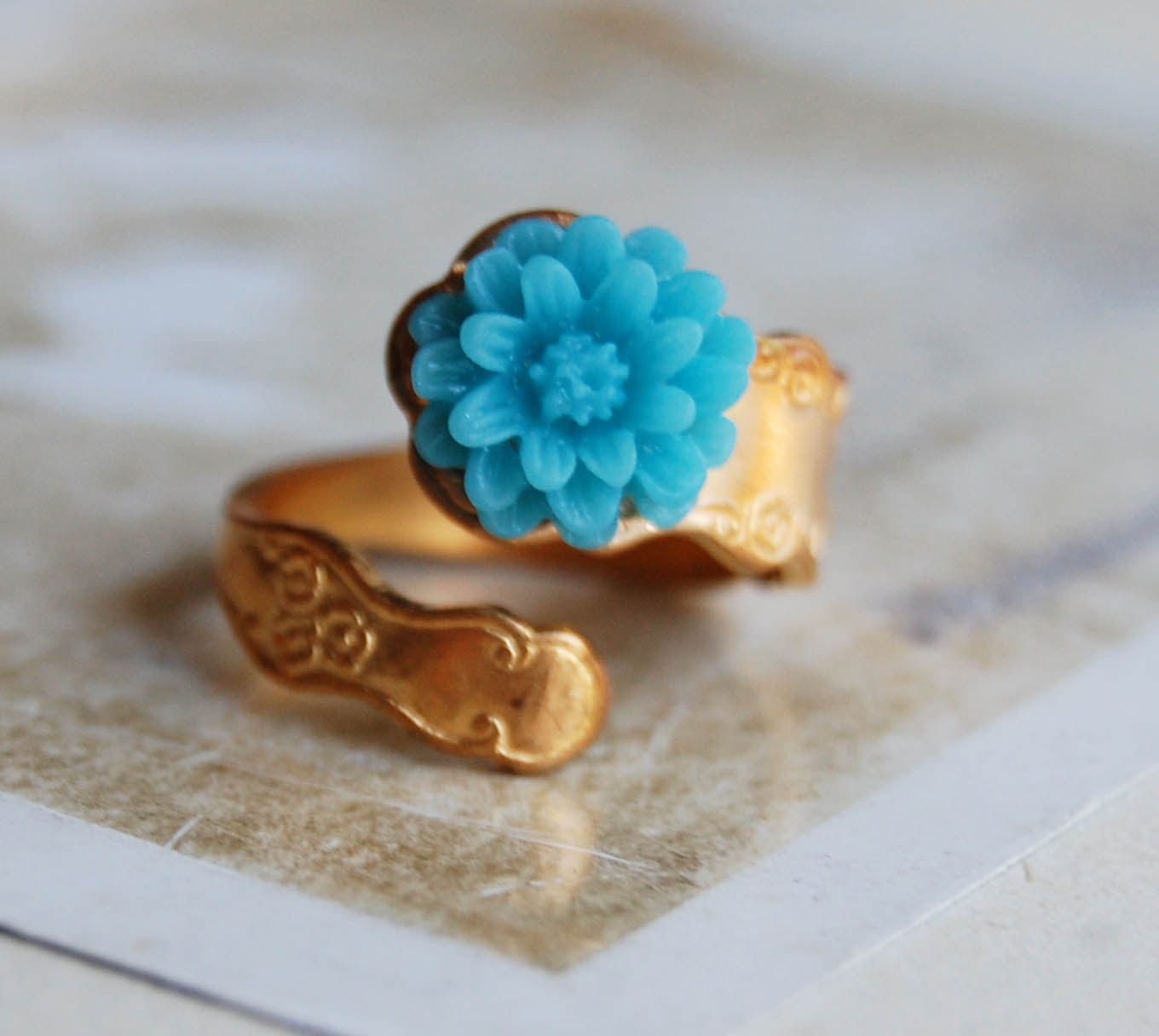 Vintage Brass Spoon Ring-Blue Daisy