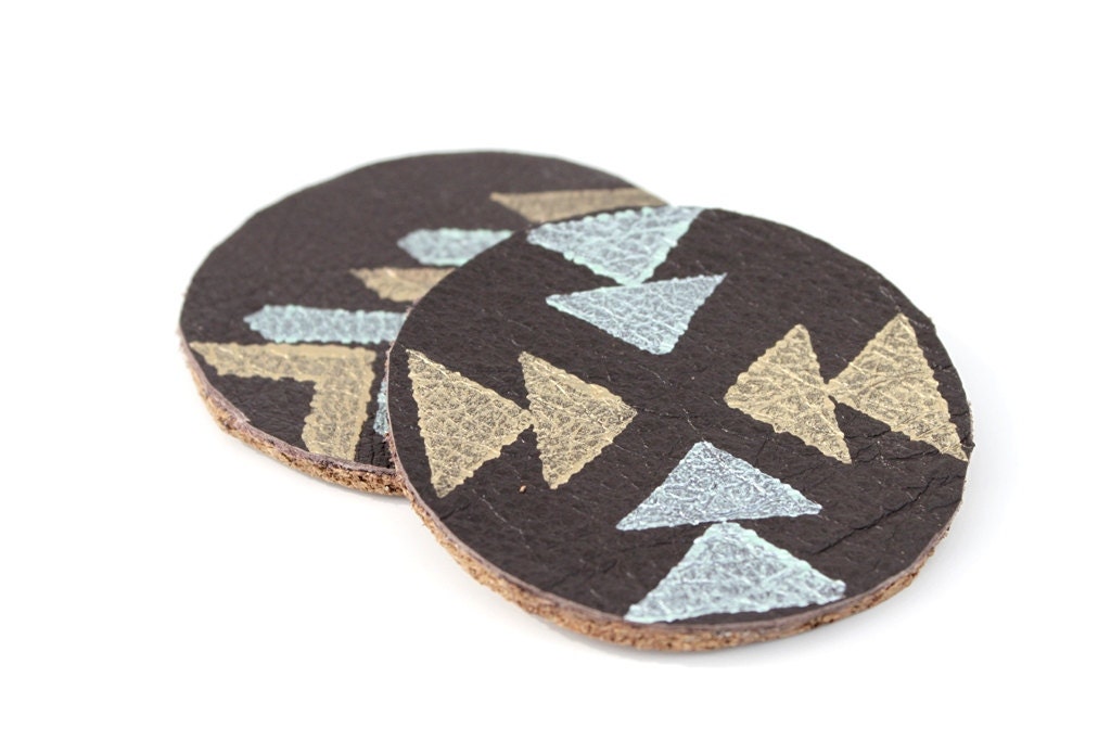 Leather and Cork Hand Stamped Coasters. Tribal Arrow Pattern in Mint and Gold.  Mug Coaster. Home Decor. Geometric.