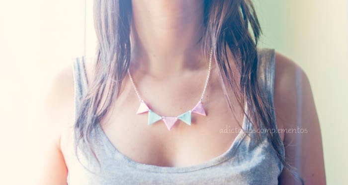 Necklace Garland Strawberry Mint. Beauty and Geometric Triangle Bunting Necklace. Strawberry Mint pastel tones