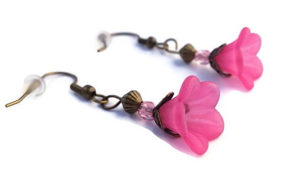 Mother's Day Sale, Pink Flower Earrings, Hot Pink Petunia Lucite Flower Earrings with Antique Bronze Findings