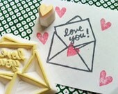 love letter rubber stamp. hand carved rubber stamp. hand carved stamp. i love you. love heart. wedding/valentine. set of 2.
