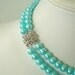 Two Strand Tiffany Blue Pearl with Square Rhinestone Pendant Beaded Necklace and Earring Set Great Brides or Bridesmaid Gifts