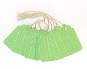 SALE - PreStrung Tiny Green Glittered Polka Dots on Green Large Scallop Die Cut Gift Hang Tags (6) C9