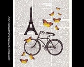 Vintage Bicycle PARIS tour de Eiffel France bike summer butterflies art print dictionary print book page art print  8x10