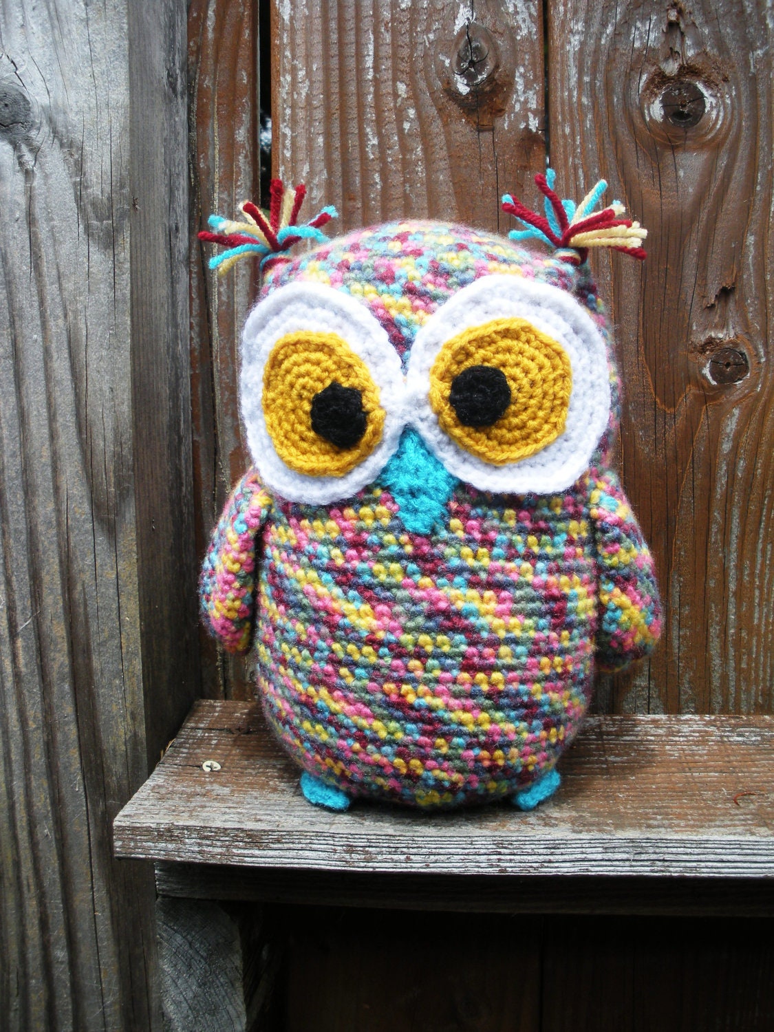 Large Plush Crochet Owl Stuffie in pastel rainbow multicolor, MADE TO ORDER.