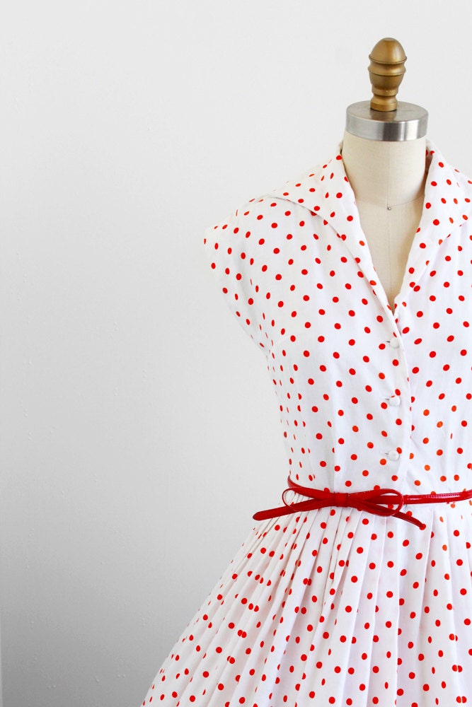 vintage 1950s dress / 50s dress / White and Orange Polka Dot Dress