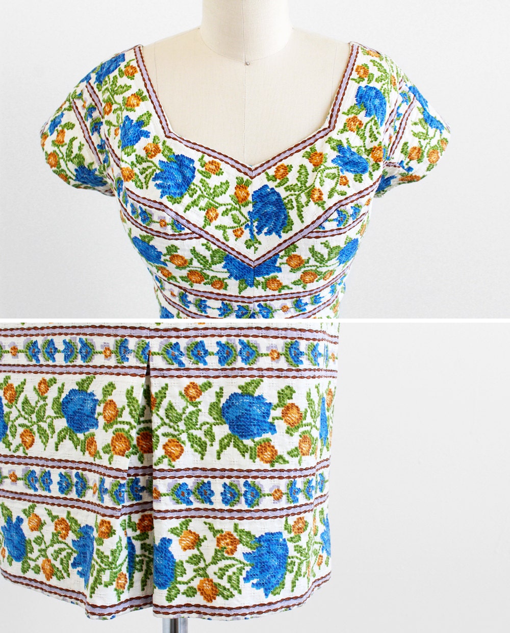 r e s e r v e d - vintage 1950s dress / 50s wiggle dress / Blue Roses Cross Stitch Novelty Print Wiggle Dress