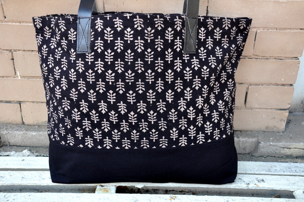 Black floral print Canvas Tote Bag with leather straps -Beach Bag, Shoulder Bag, Large Tote, Diaper Bag