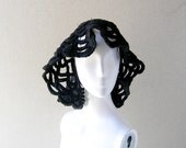 50s black yarn crochet hat - open weave headpiece - vintage designer millinery - Irving Penn photo shoot chic