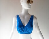 60s bikini top by Figurettes - blue nylon gabardine ruched bra top - size 2/4 - Mad Men Megan summer beach chic