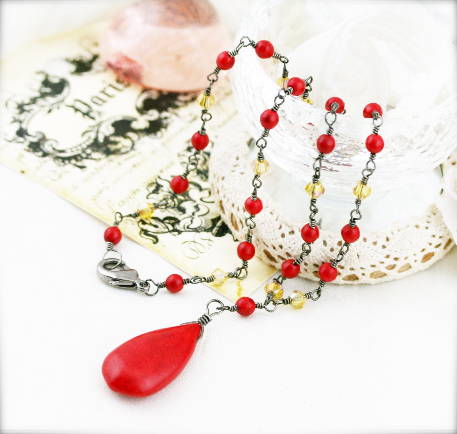 Red salsa necklace - dyed howlite