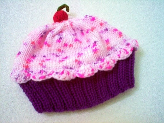 Handmade hand knit Cupcake Hat with Cherry on Top Deep Dark Plum Eggplant Purple Cake with Strawberry Sprinkle Frosting