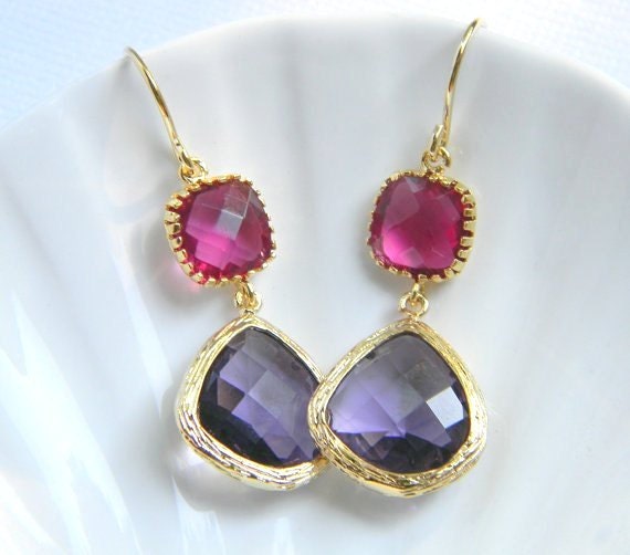Gold Bridesmaid Earrings - Fuchsia Pink and Amethyst Purple Earrings - Gift for Her - Colorblock Earrings - Bohemian Earrings