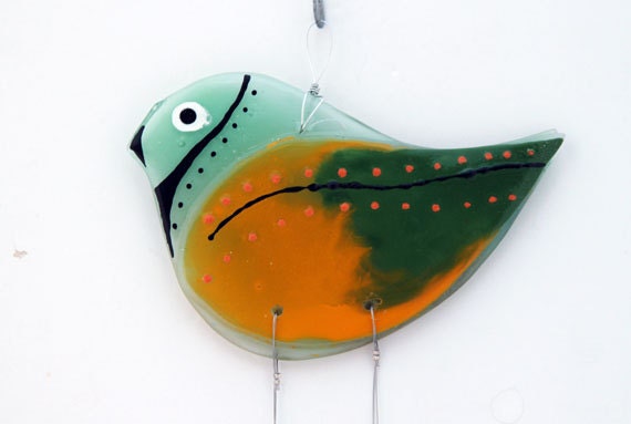 Fused Glass Bird Windchime, Suncatcher, multicolored .
