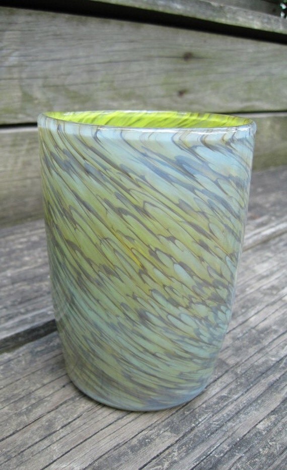 Hand blown glass tumbler light blue and chartreuse BCh -a
