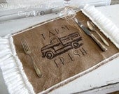 Burlap Table Placemats  "Farm Fresh"  Vintage Truck Farmhouse Style Country Cottage Chic Rustic Ruffle