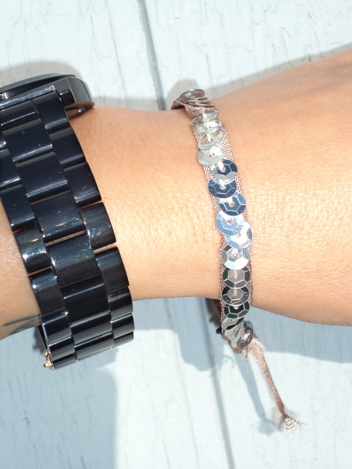 simple silver sequin & silk friendship bracelet