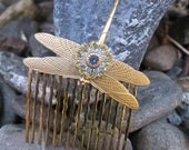 Dragonfly Golden Hair Comb in Blue and Yellow